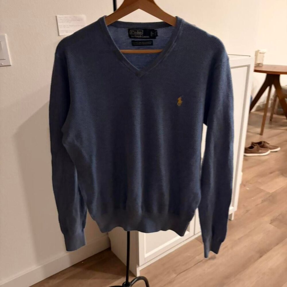 Polo Ralph Lauren Cotton Cashmere V-Neck Sweater Blue XL Pony Logo